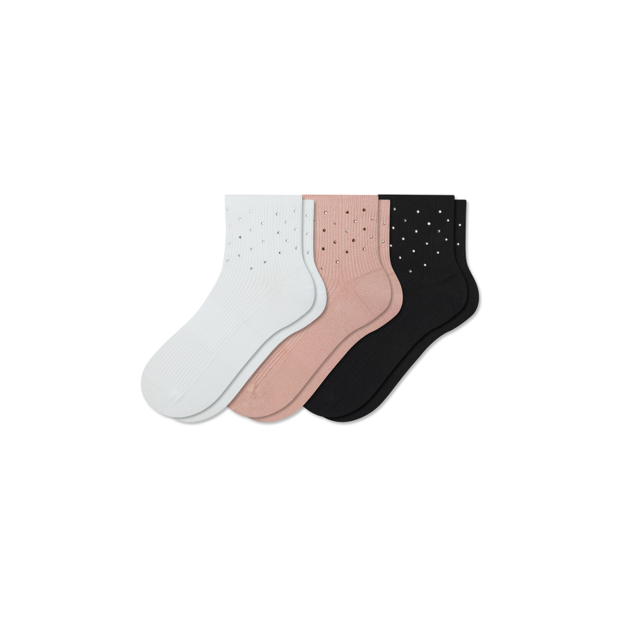 Women’s Rhinestone Rib Quarter Sock 3-Pack - Cushion Home Pair
