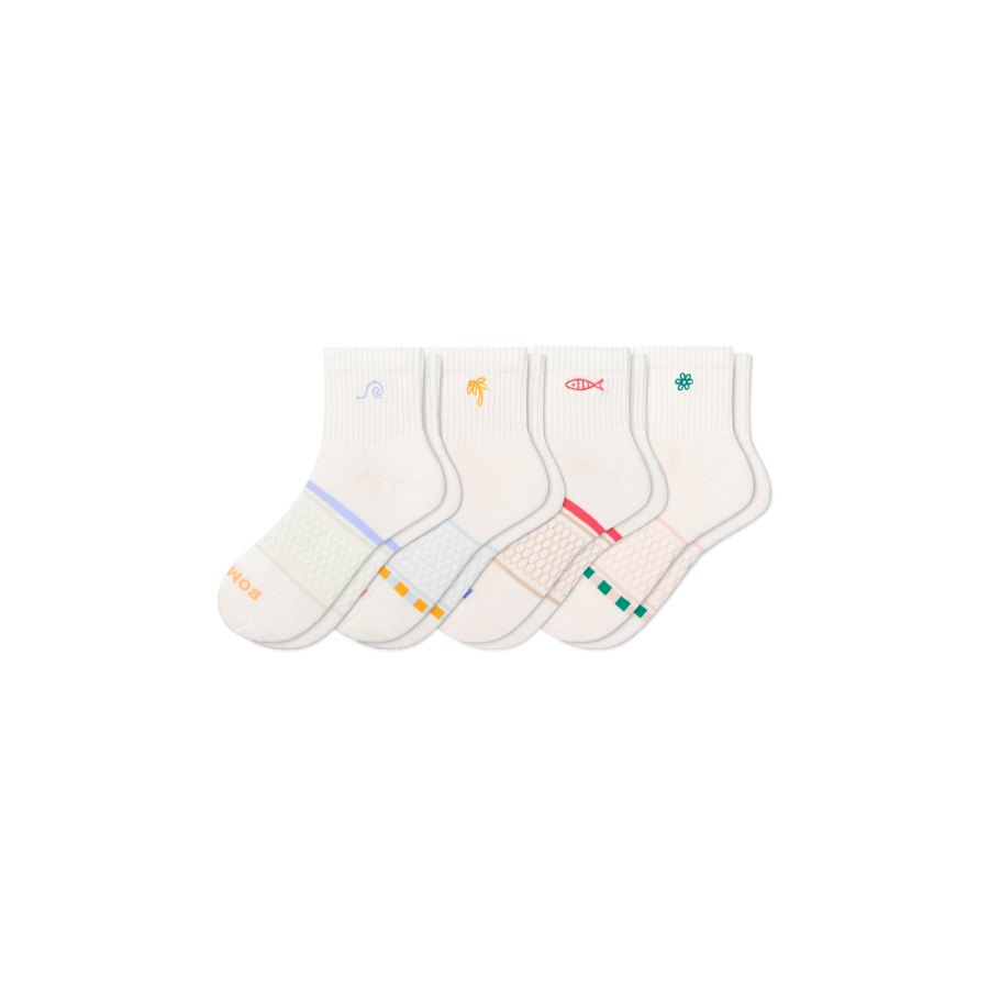 Women's Beach Day Embroidered Quarter Sock 4-Pack - Light Ankle Step