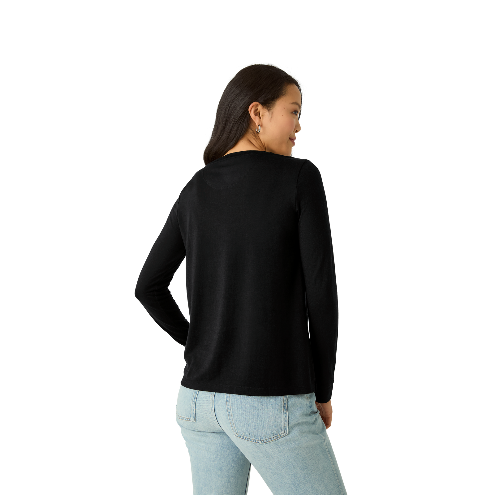 Merino Wool Blend Crew Neck Long Sleeve T-Shirt - Black WO3 [7056]