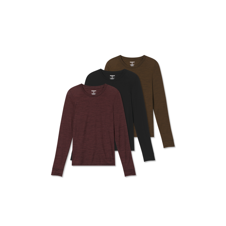 Women's Merino Wool Blend Crew Neck Long Sleeve T-Shirt 3-Pack - Motion Stride Control