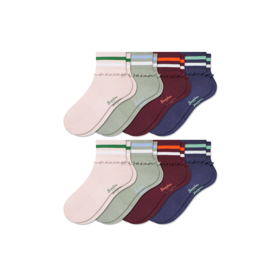 Youth Foldover Ruffle Quarter Sock 8-Pack - Easy Recovery Comfort